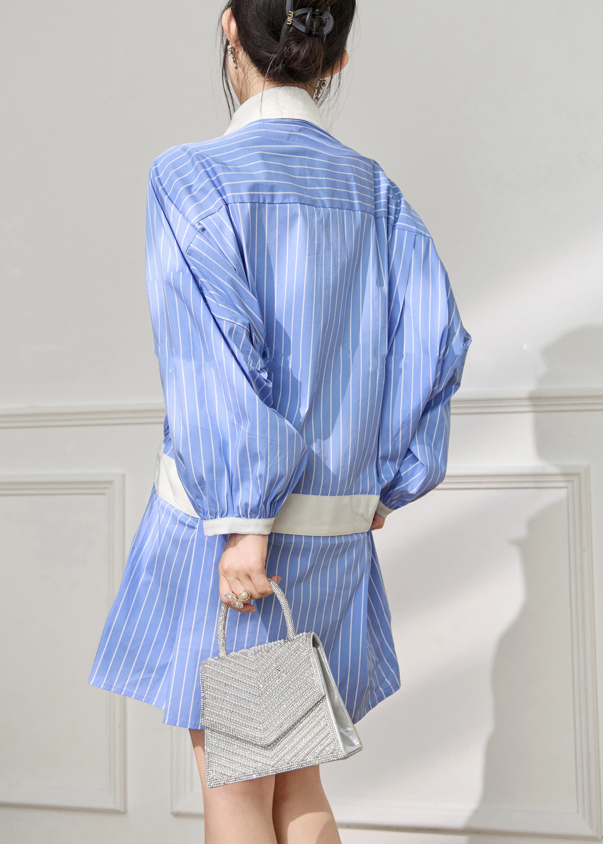 French Blue Striped Pockets Patchwork Cotton Shirts Dress Fall - Image 5