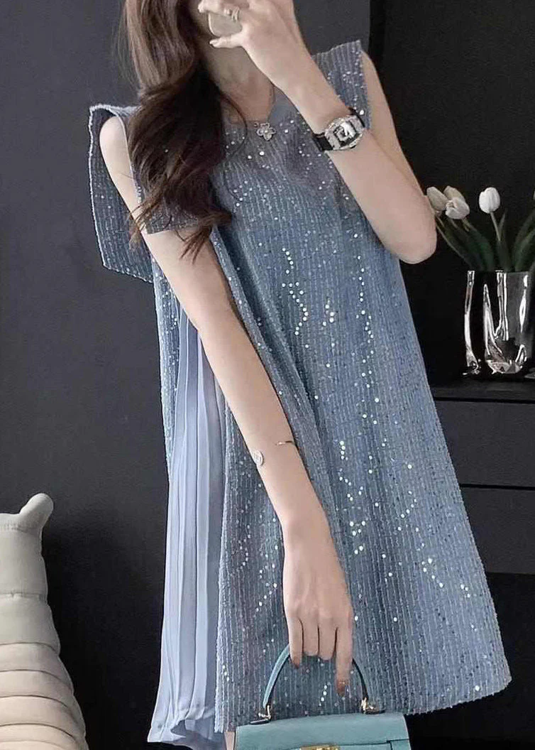 French Blue Tulle Patchwork Sequins Mid Dress Summer - Image 2
