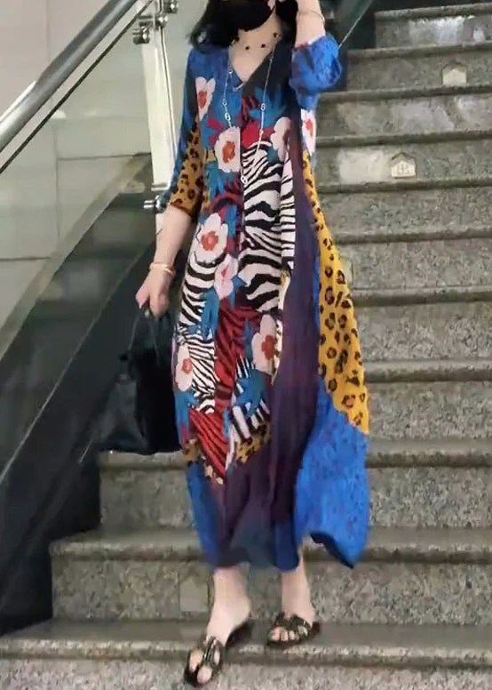 French Blue V Neck Print Chiffon Long Dress Bracelet Sleeve - Image 3