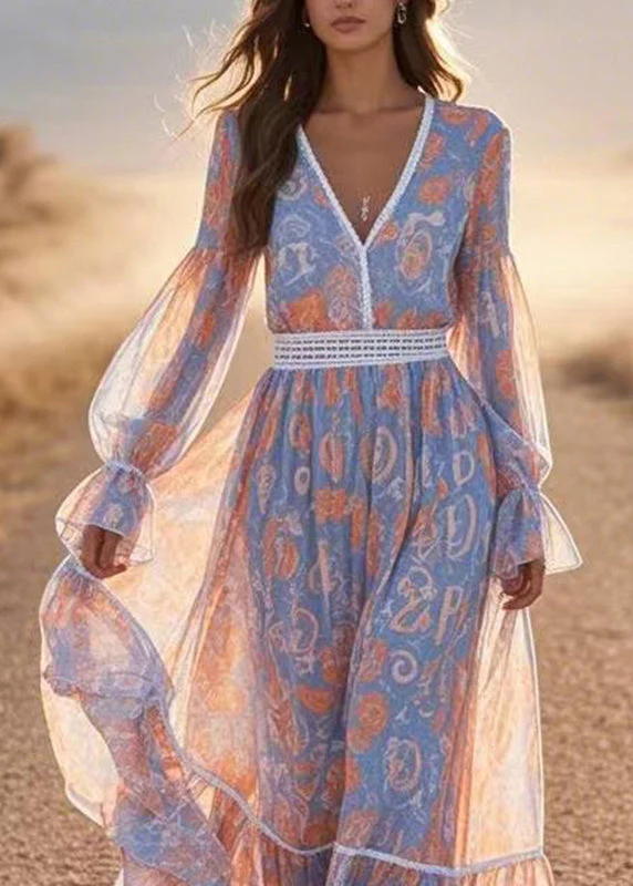 French Blue V Neck Print Chiffon Long Dress Lantern Sleeve - Image 2