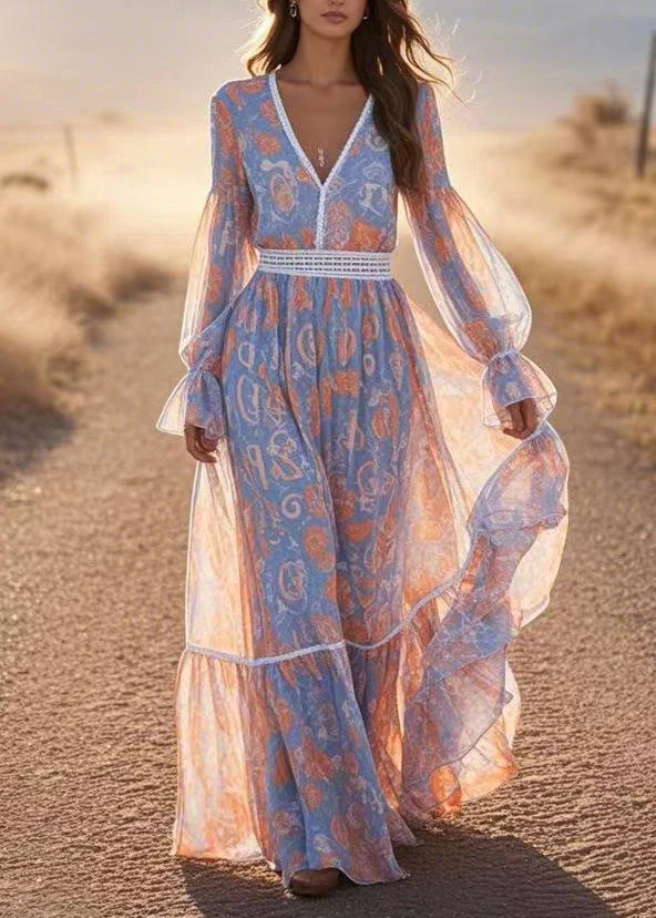 French Blue V Neck Print Chiffon Long Dress Lantern Sleeve - Image 3