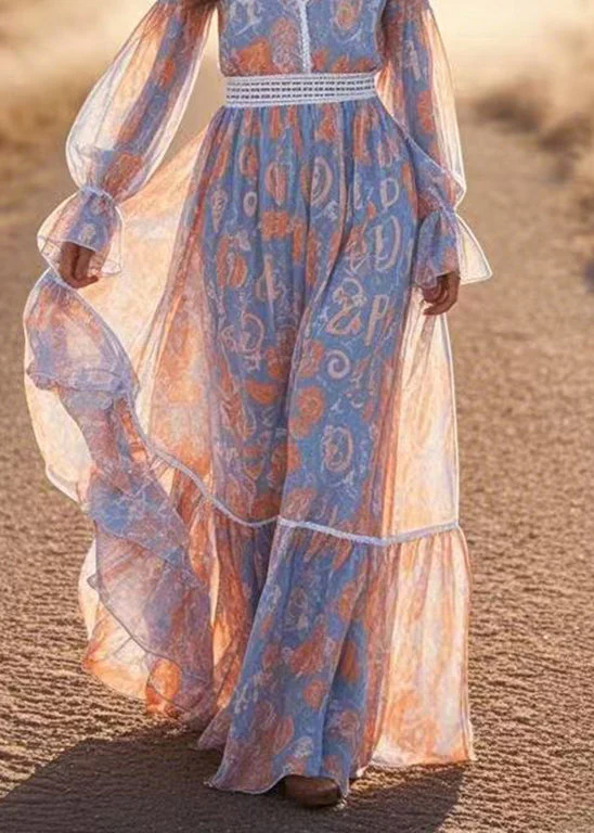 French Blue V Neck Print Chiffon Long Dress Lantern Sleeve - Image 4