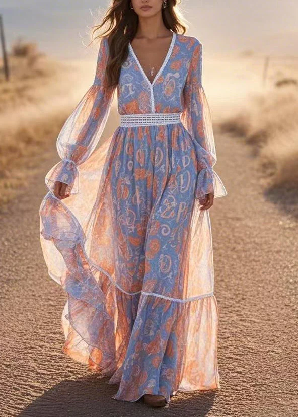 French Blue V Neck Print Chiffon Long Dress Lantern Sleeve - Image 5
