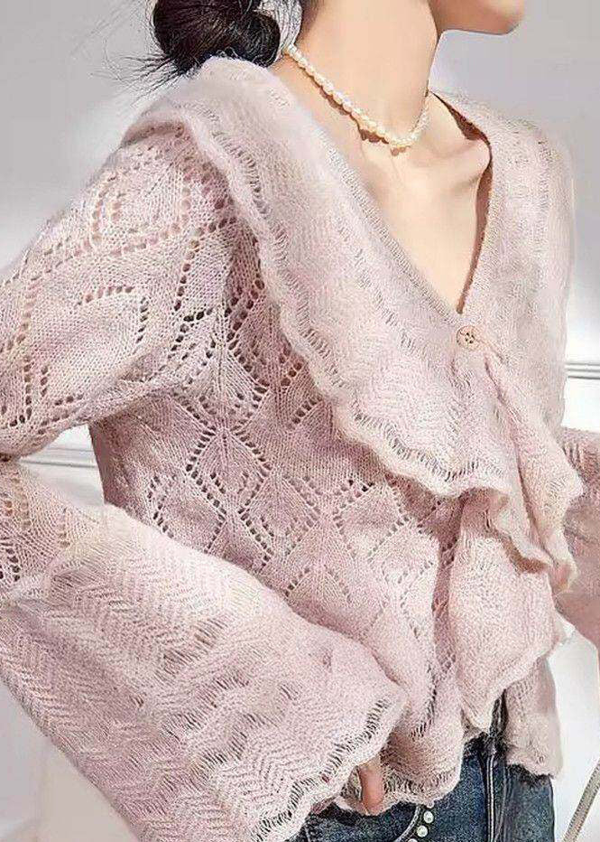 French Blue V Neck Ruffled Knit Top Flare Sleeve - Image 2
