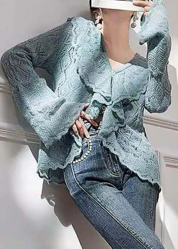 French Blue V Neck Ruffled Knit Top Flare Sleeve - Image 3