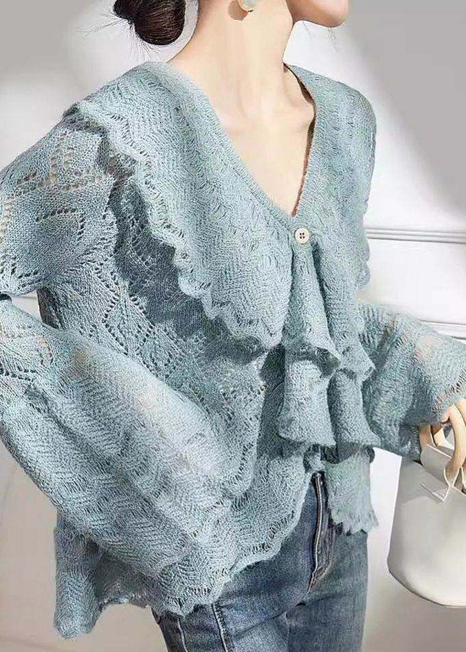 French Blue V Neck Ruffled Knit Top Flare Sleeve - Image 5