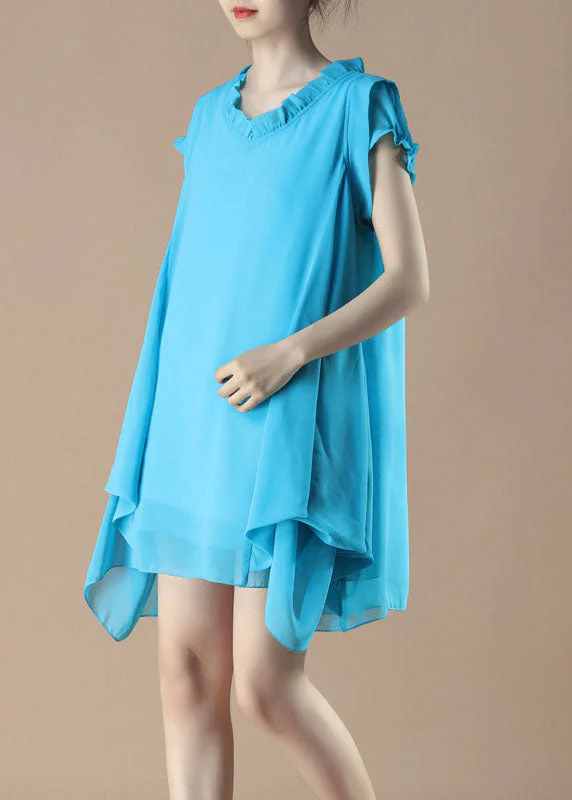 French Blue V Neck Ruffled Patchwork Chiffon Dress Summer - Image 3