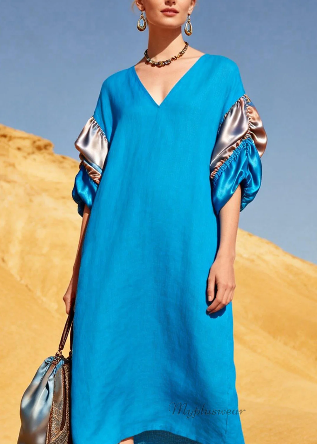French Blue V Neck Silk Patchwork Linen Vacation Dresses Summer - Image 2