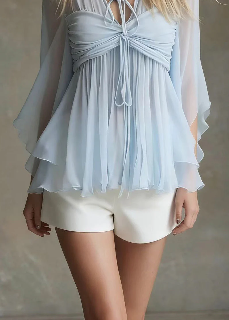 French Blue V Neck Wrinkled Lace Up Chiffon Top Flare Sleeve - Image 4