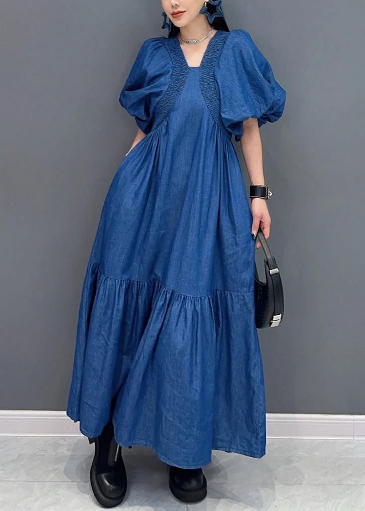 French Blue Wrinkled Patchwork Thin Denim Long Dress Summer - Image 3