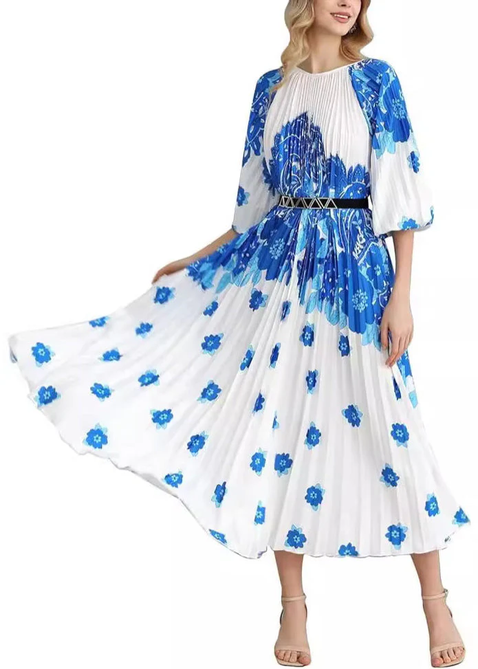 French Blue Wrinkled Print Cotton Long Dress Fall - Image 5