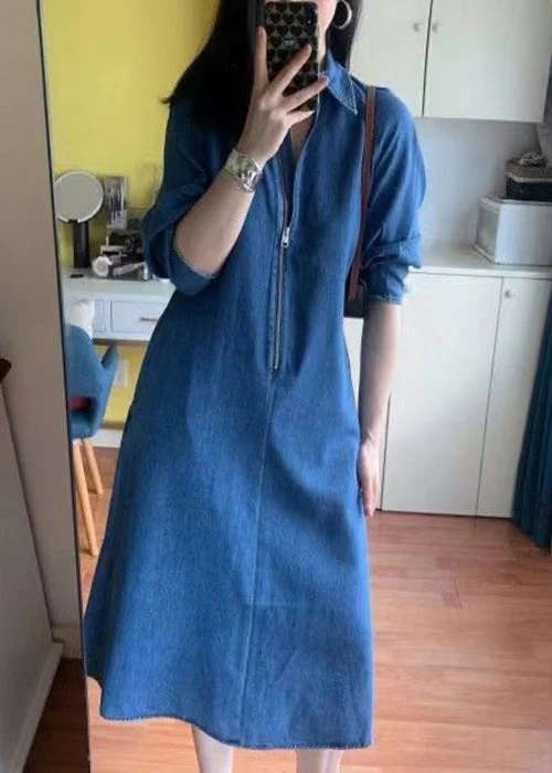 French Blue Zip Up Pockets Denim Dresses Spring - Image 3