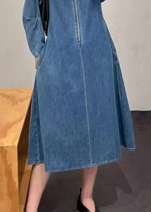 French Blue Zip Up Pockets Denim Dresses Spring - Image 5