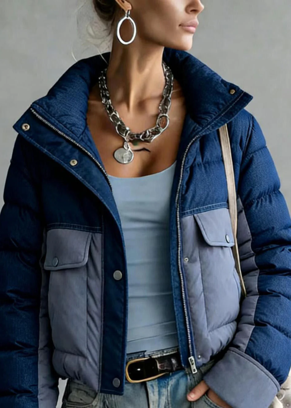 French Blue Zip Up Pockets Patchwork Duck Down Jackets Winter - Image 2