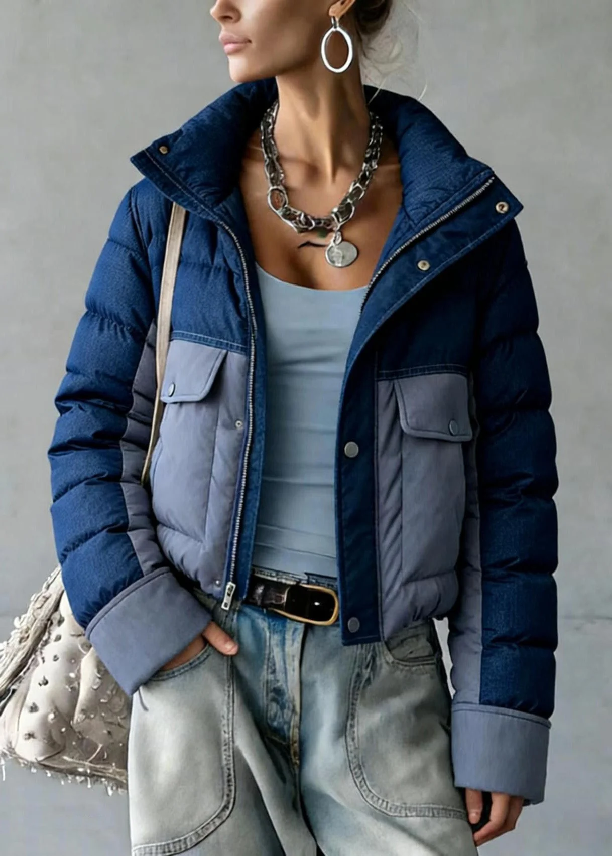 French Blue Zip Up Pockets Patchwork Duck Down Jackets Winter - Image 3