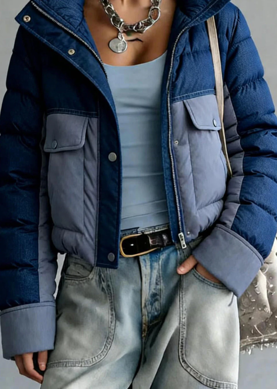 French Blue Zip Up Pockets Patchwork Duck Down Jackets Winter - Image 4