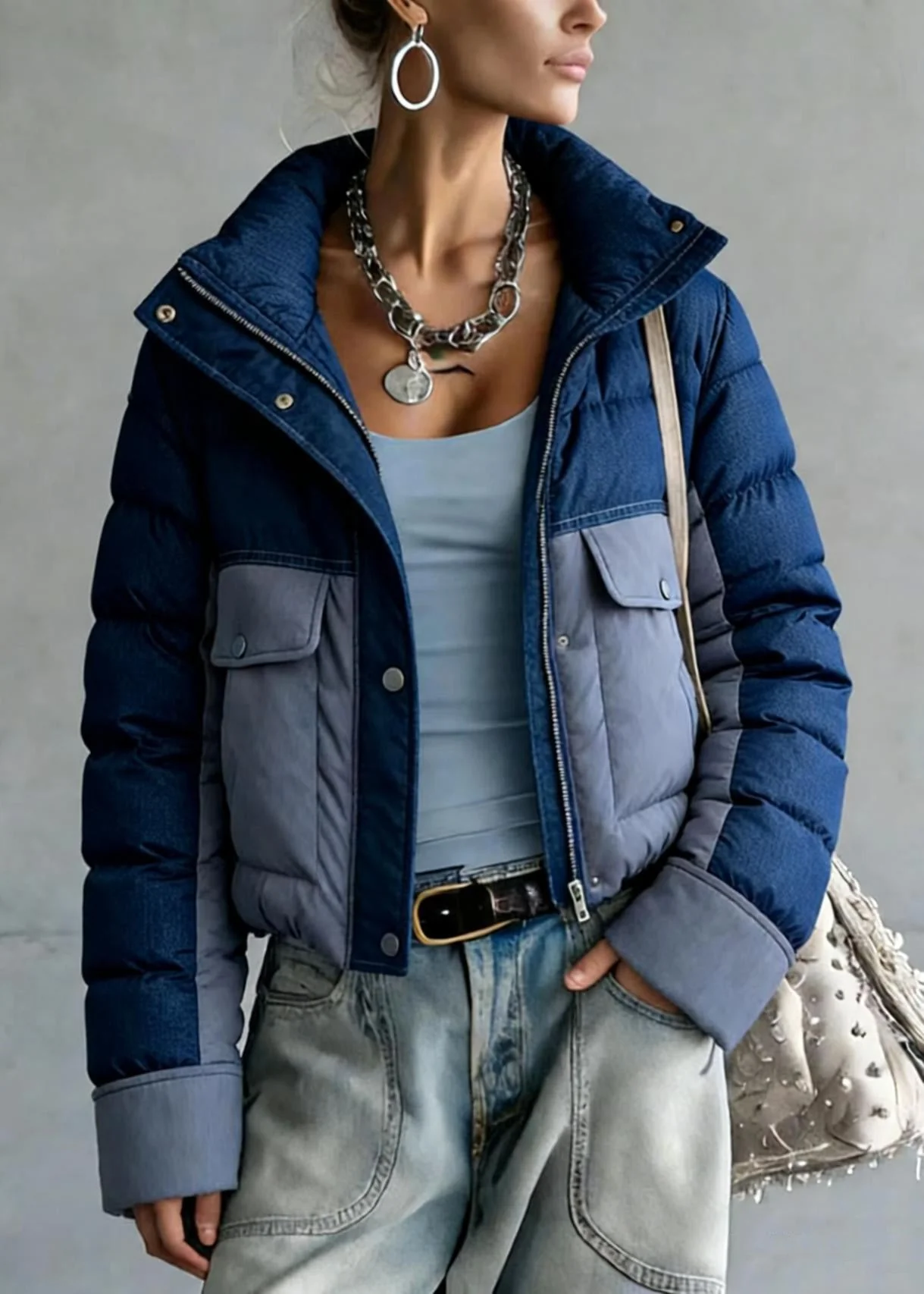 French Blue Zip Up Pockets Patchwork Duck Down Jackets Winter - Image 5