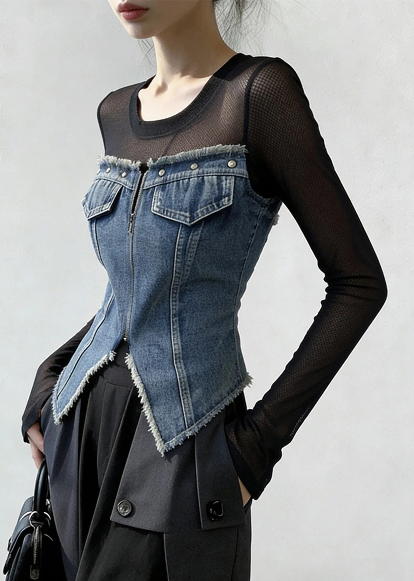 French Blue Zippered Front Open Tulle Patchwork Denim T Shirt Spring - Image 3