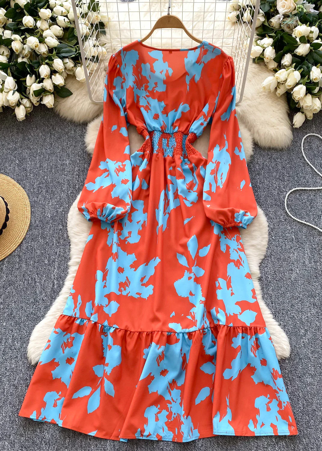 French Brick Red Elastic Waist Print Silk Maxi Dresses Spring - Image 2