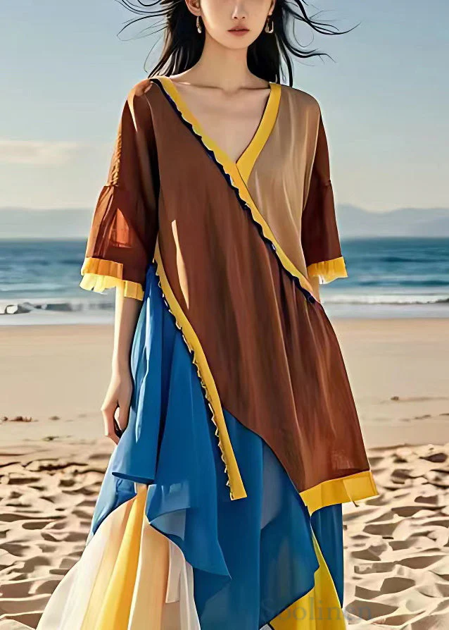 French Brown Asymmetrical Chiffon Patchwork Dress Half Sleeve - Image 2