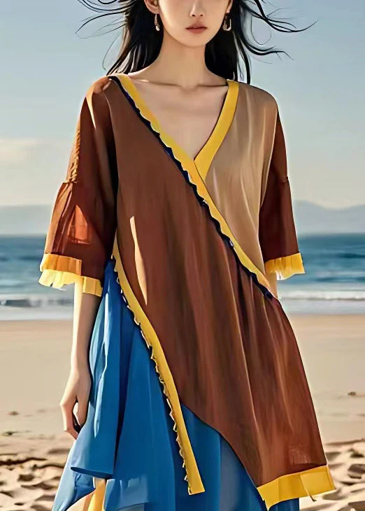 French Brown Asymmetrical Chiffon Patchwork Dress Half Sleeve - Image 3
