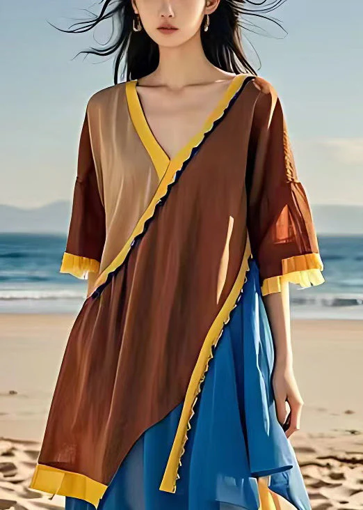 French Brown Asymmetrical Chiffon Patchwork Dress Half Sleeve - Image 4