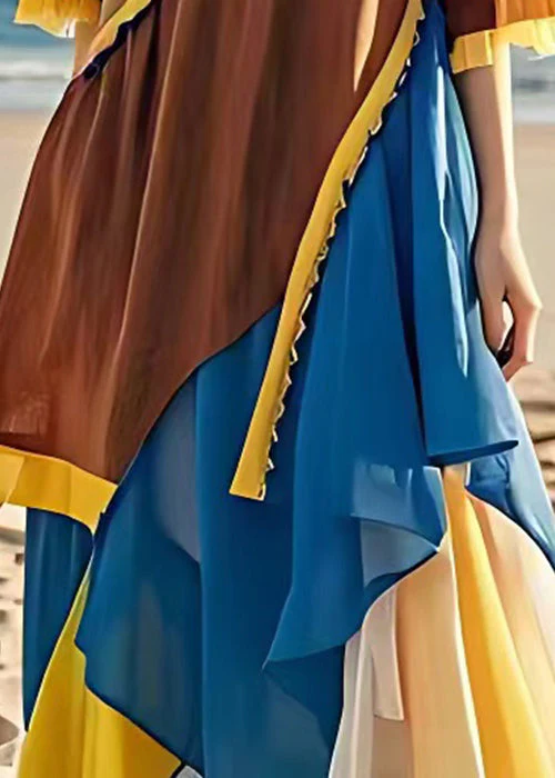 French Brown Asymmetrical Chiffon Patchwork Dress Half Sleeve - Image 5