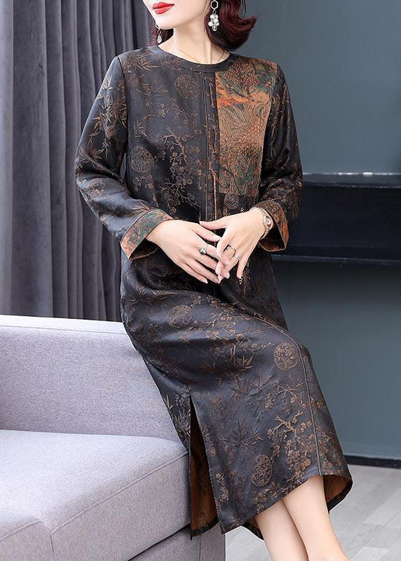French Brown O-Neck Patchwork Side Open Silk Long Dresses Fall - Image 2