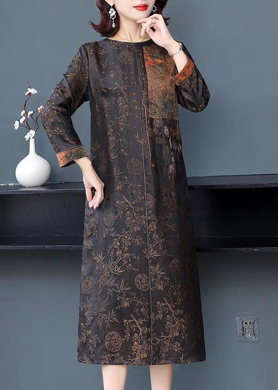 French Brown O-Neck Patchwork Side Open Silk Long Dresses Fall - Image 3