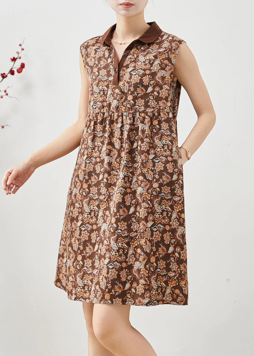 French Brown Peter Pan Collar Print Linen Mini Dress Sleeveless - Image 3