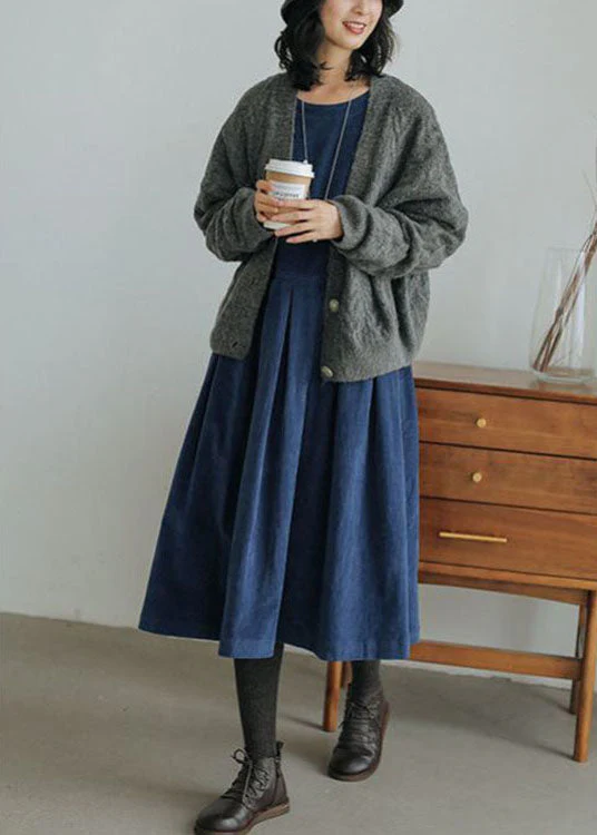 French Brown Plus Size Corduroy Dress Pockets Button Patchwork Fall Dresses - Image 5