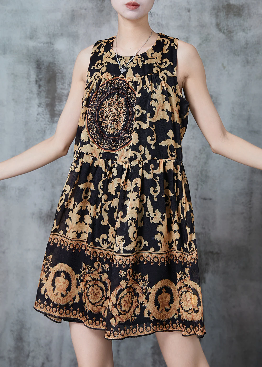 French Brown Print Chiffon Tea Dress Sleeveless - Image 2