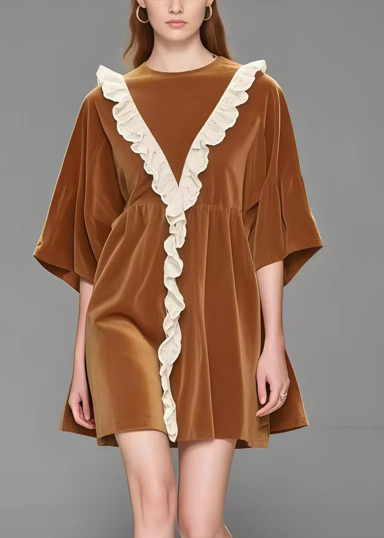 French Brown Ruffled Patchwork Silk Velvet Day Dress Spring - Image 2