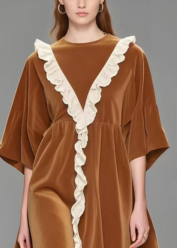 French Brown Ruffled Patchwork Silk Velvet Day Dress Spring - Image 3