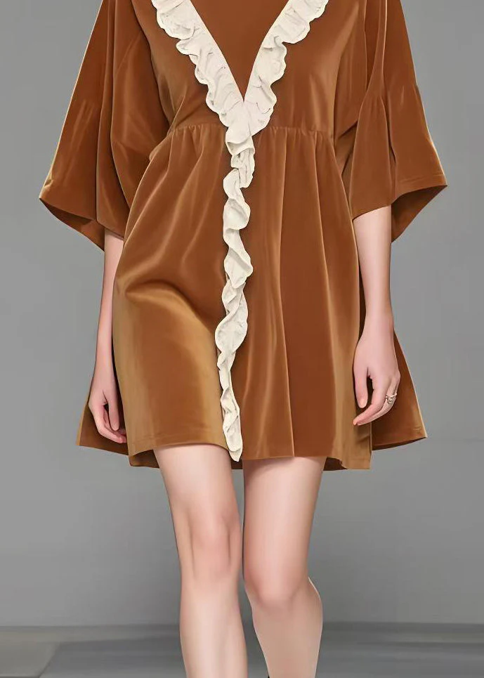 French Brown Ruffled Patchwork Silk Velvet Day Dress Spring - Image 4