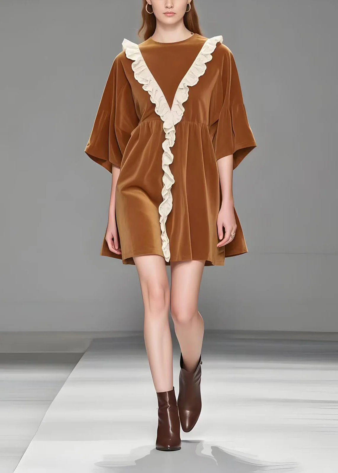 French Brown Ruffled Patchwork Silk Velvet Day Dress Spring - Image 5