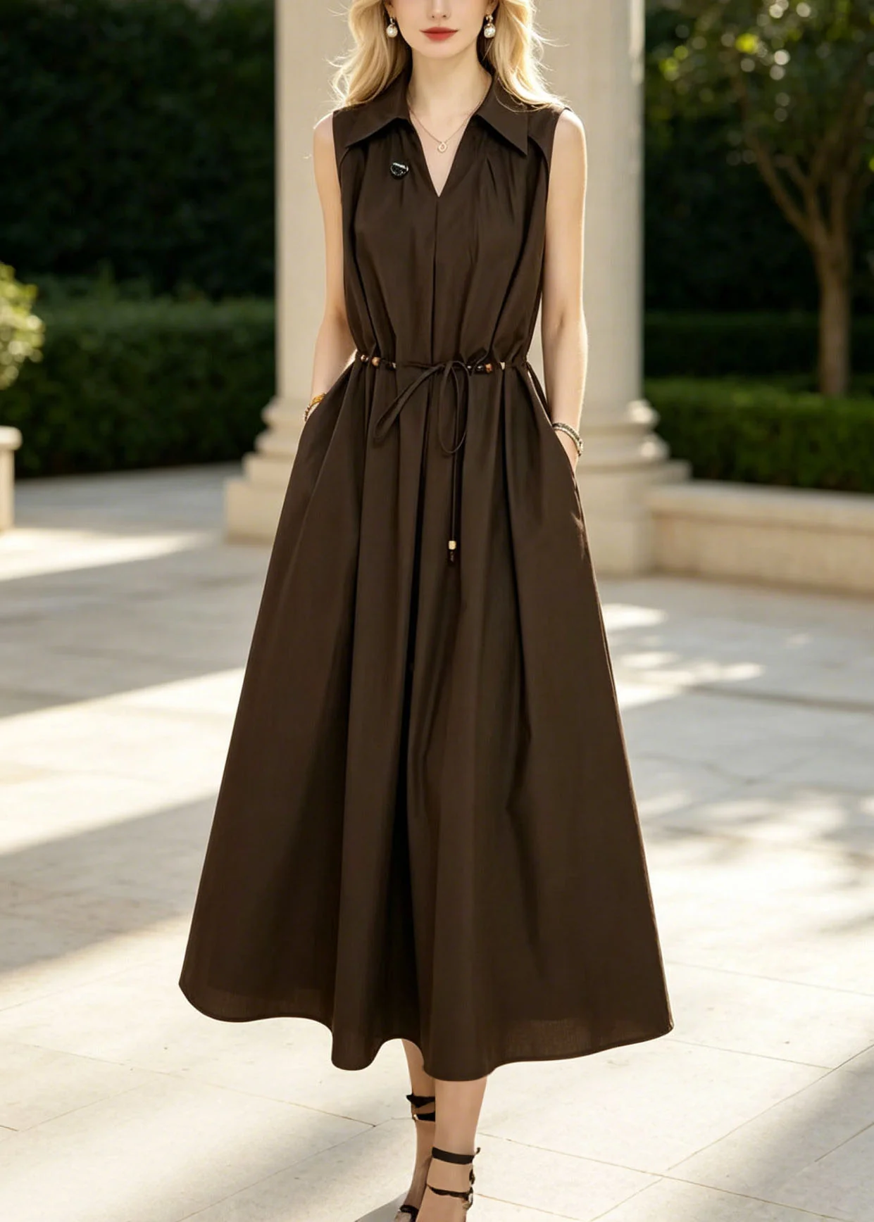 French Brown Tie Waist Exra Large Hem Cotton Long Dresses Sleeveless - Image 3