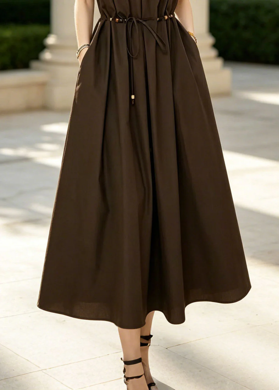 French Brown Tie Waist Exra Large Hem Cotton Long Dresses Sleeveless - Image 4