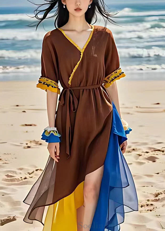 French Brown V Neck Tie Waist Chiffon Patchwork Dress Summer - Image 2