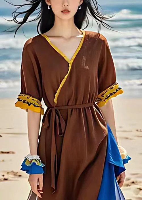 French Brown V Neck Tie Waist Chiffon Patchwork Dress Summer - Image 3