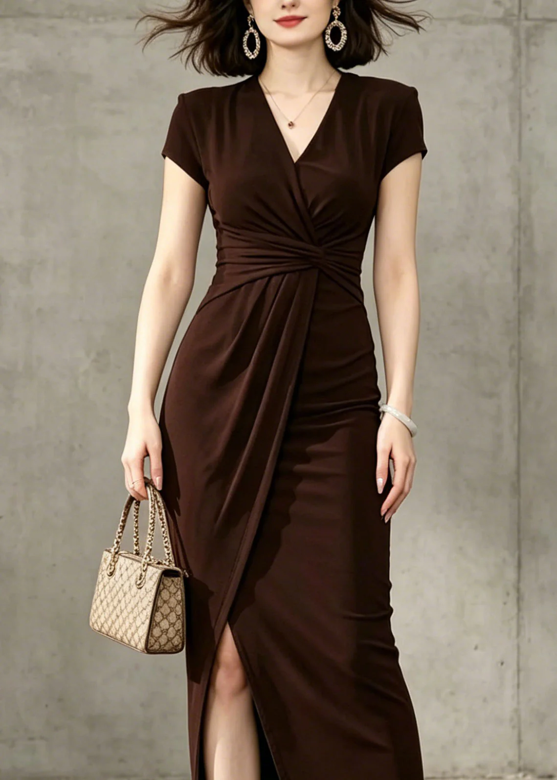 French Brown V Neck Wrinkled Side Open Cotton Long Dress Summer - Image 2