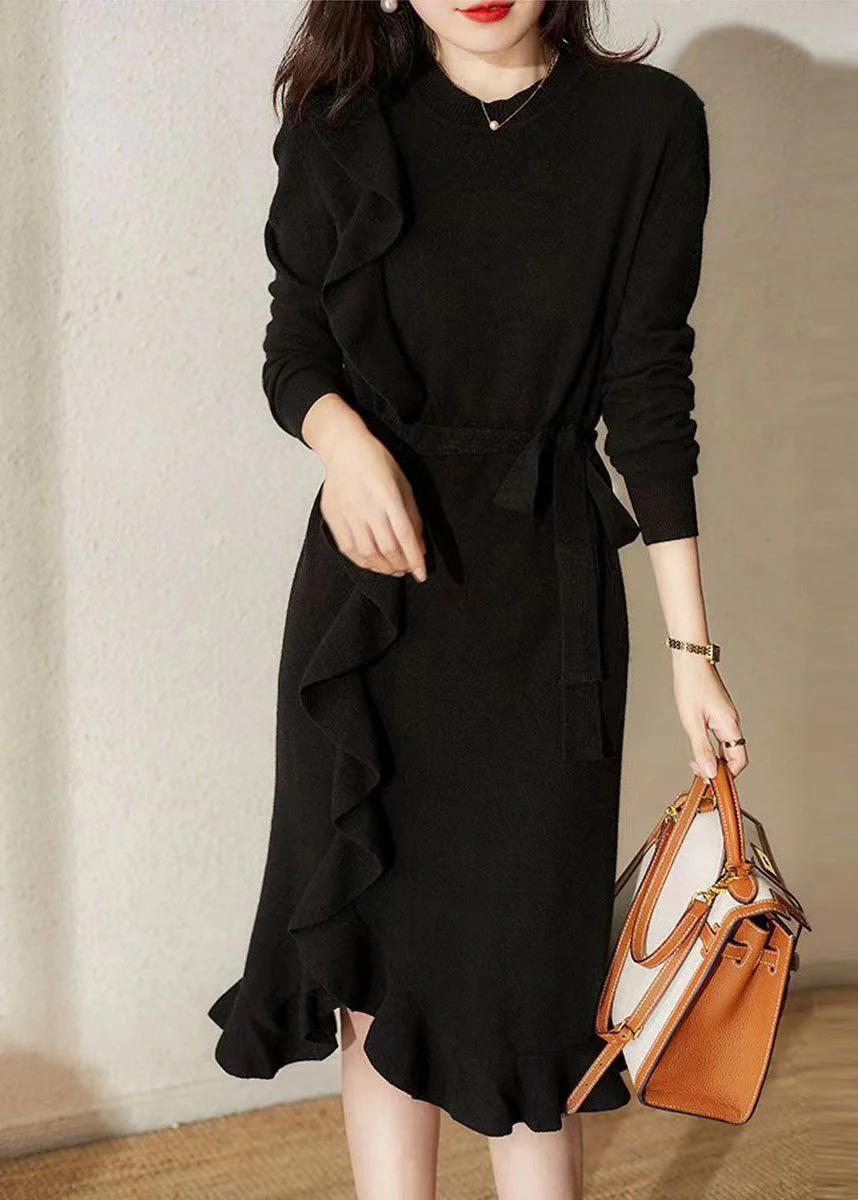 French Camel Ruffled Tie Waist Patchwork Woolen Long Dress Fall - Image 2