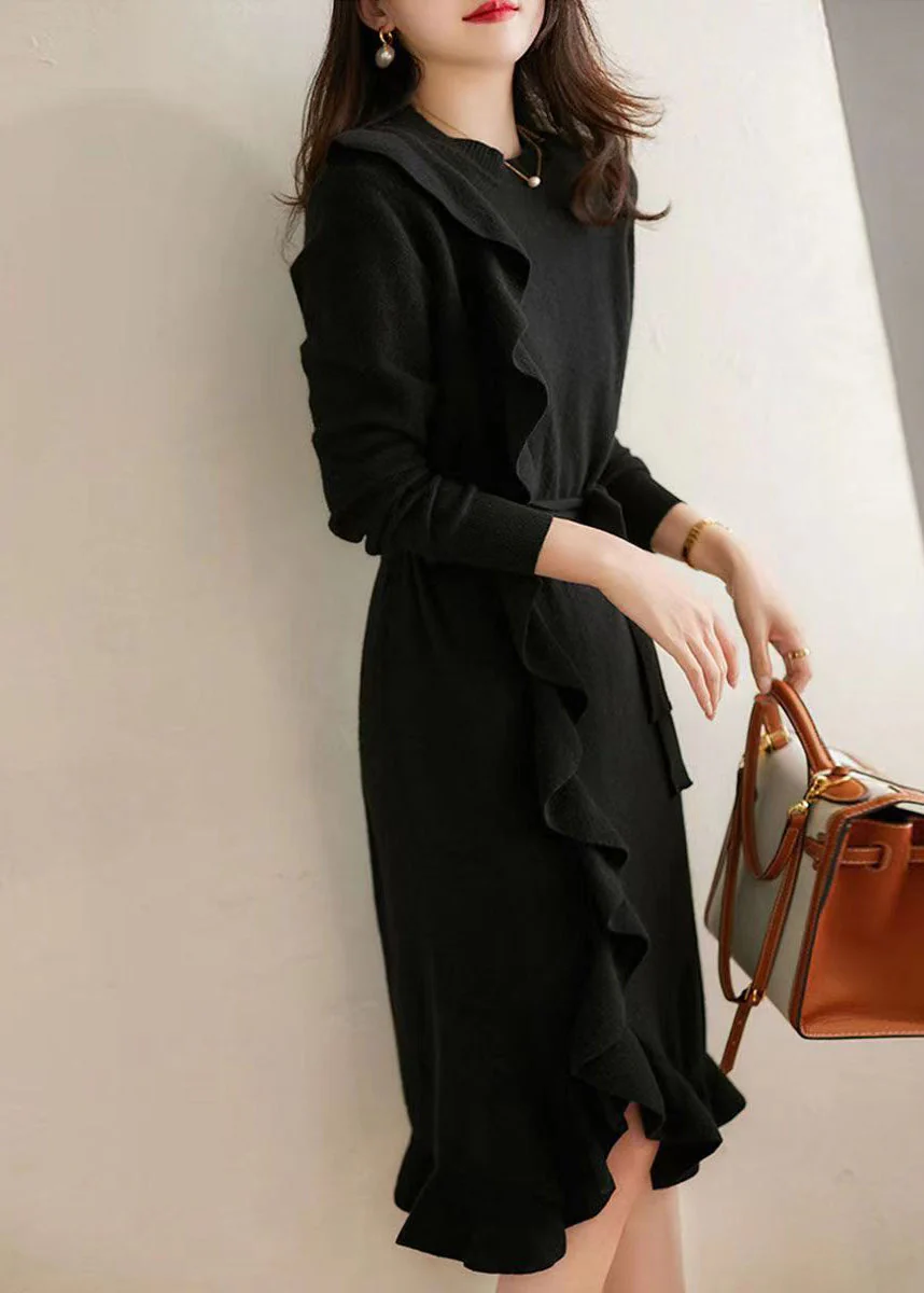 French Camel Ruffled Tie Waist Patchwork Woolen Long Dress Fall - Image 3