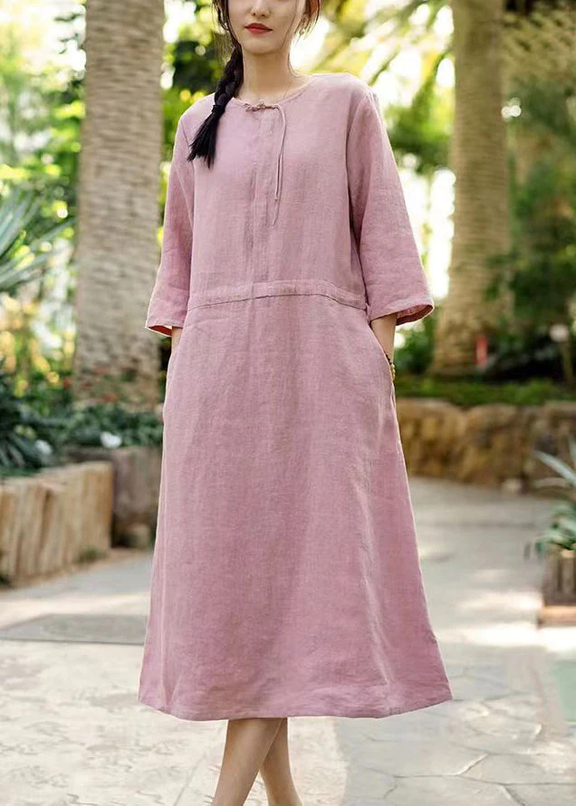 French Caramel Pockets Waist Linen Dresses Bracelet Sleeve - Image 2