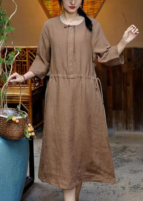 French Caramel Pockets Waist Linen Dresses Bracelet Sleeve - Image 3