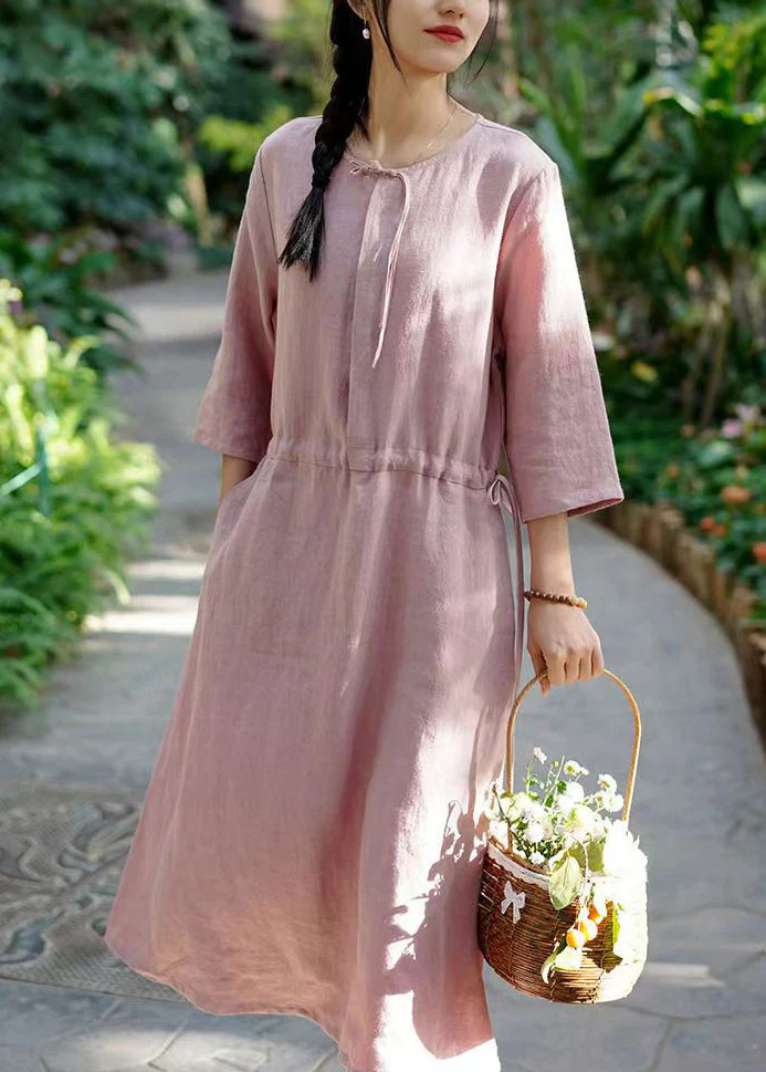 French Caramel Pockets Waist Linen Dresses Bracelet Sleeve - Image 4