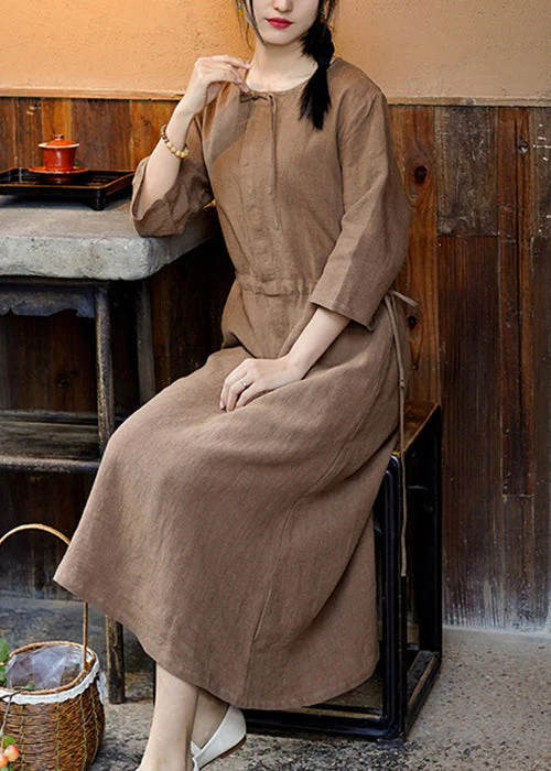 French Caramel Pockets Waist Linen Dresses Bracelet Sleeve - Image 5