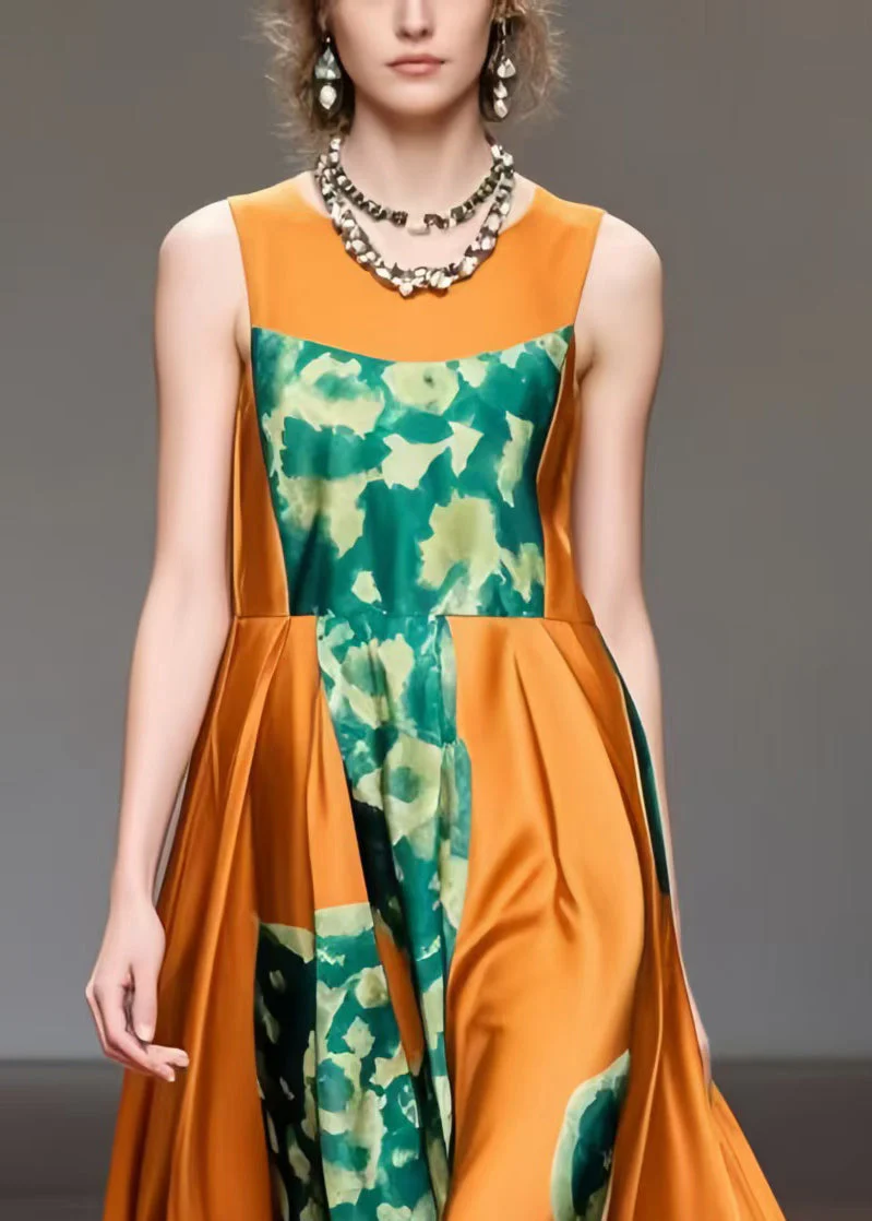 French Caramel Print Exra Large Hem Silk Long Dress Sleeveless - Image 2