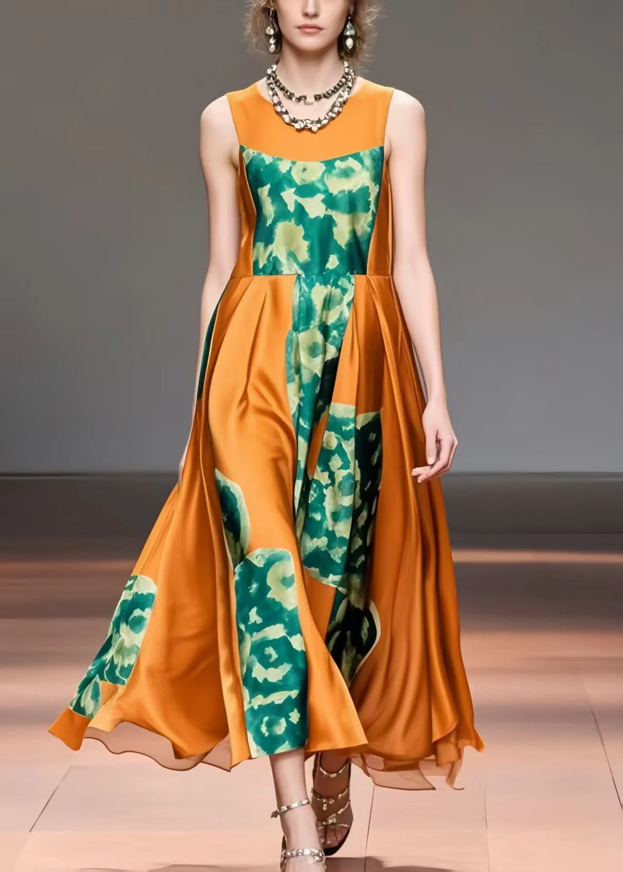 French Caramel Print Exra Large Hem Silk Long Dress Sleeveless - Image 3