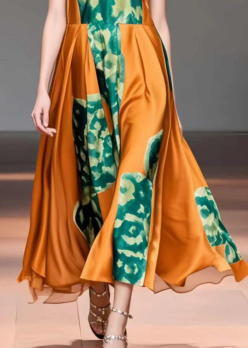 French Caramel Print Exra Large Hem Silk Long Dress Sleeveless - Image 4